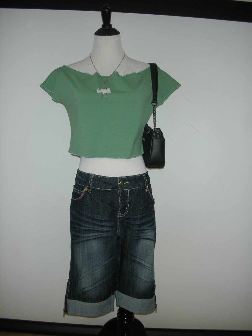 Y2K Fairy Grunge Sage Green Lettuce Hem Crop Top XL Stretch Baby Tee